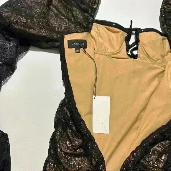 MAJORELLE MARIJA x Revolve Oversized Puff Sleeve Lace Mini Dress Black Nude XS - Picture 14 of 16